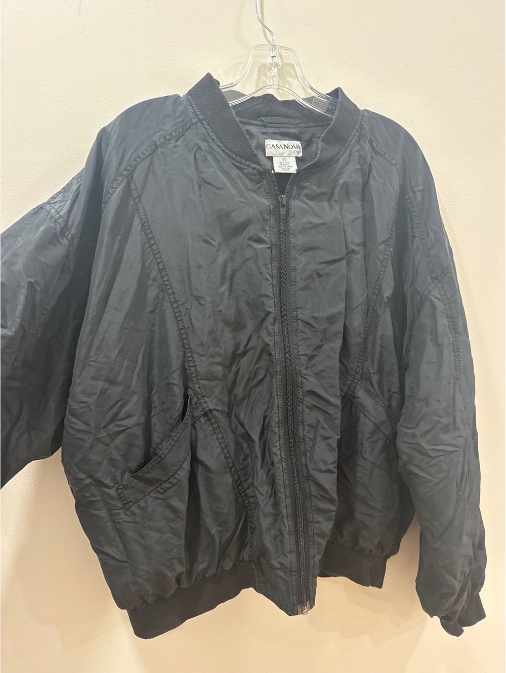 Casanova Italy Black Silk Bomber Jacket and Pants Set, Size Medium